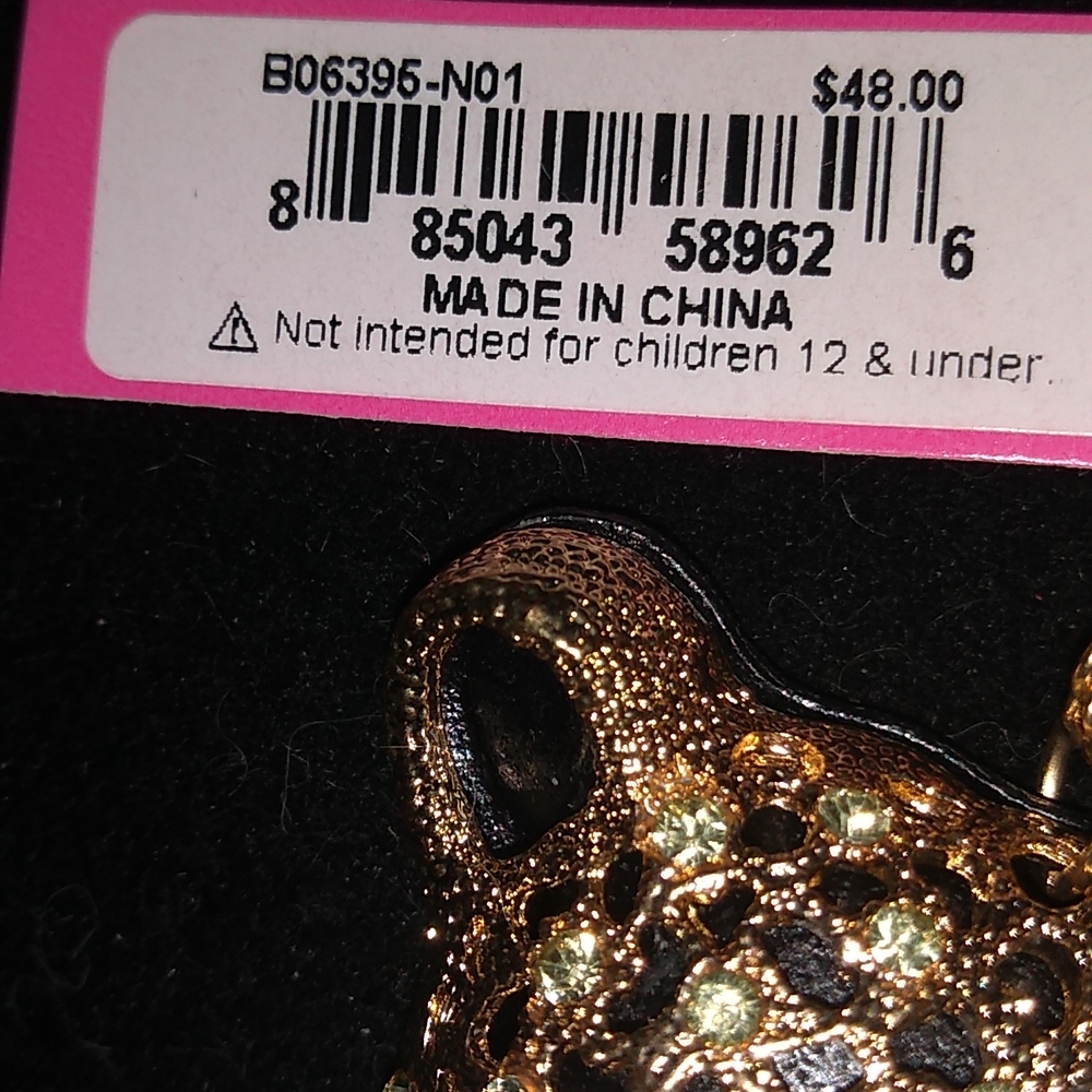Black & Goldtone Leopard Cheetah with White Crystals Pendant Necklace - Picture 7 of 7